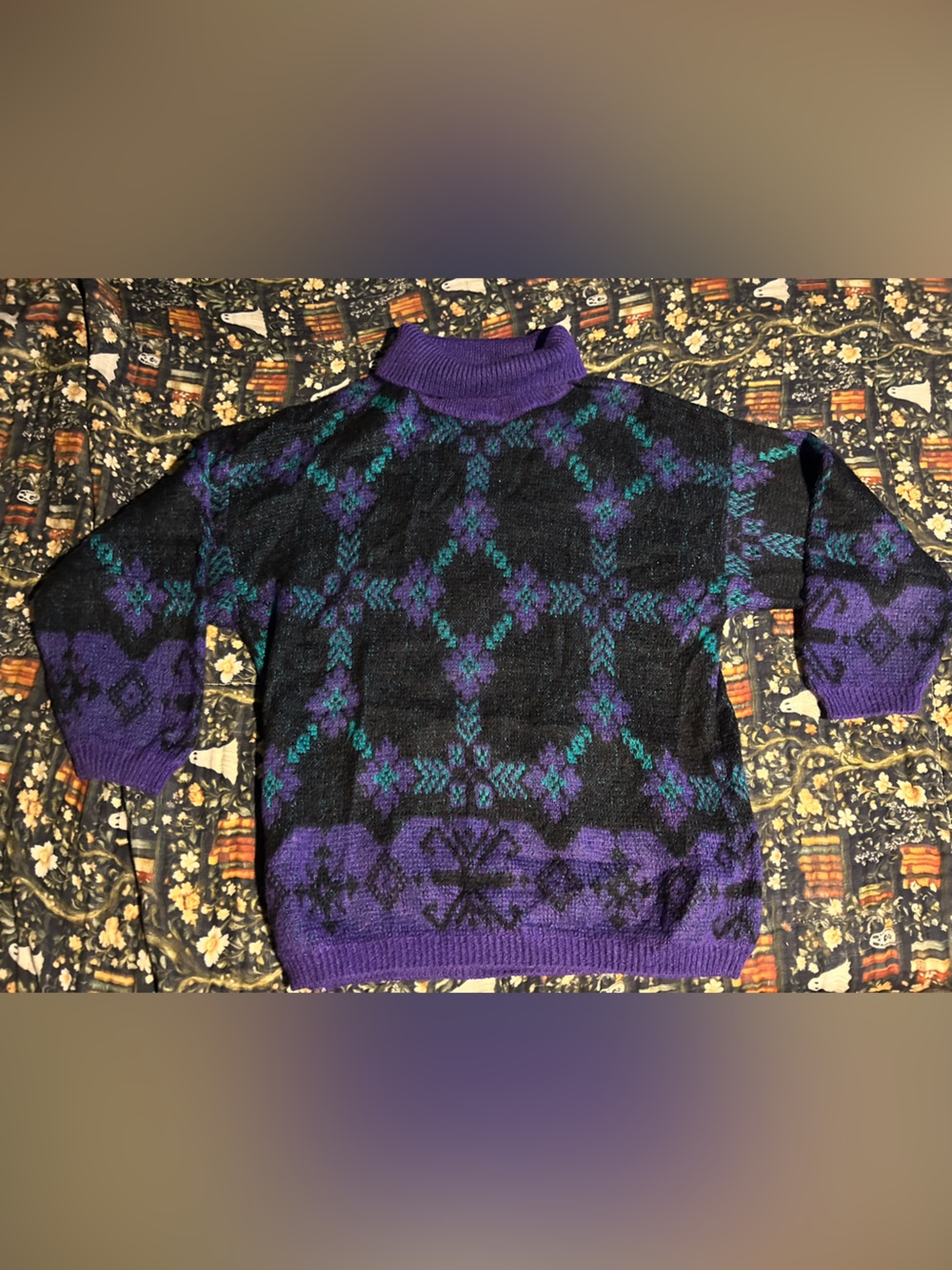Vtg 80s United Colors Of Benetton Purple Fair Isle Mohair Italian Wool